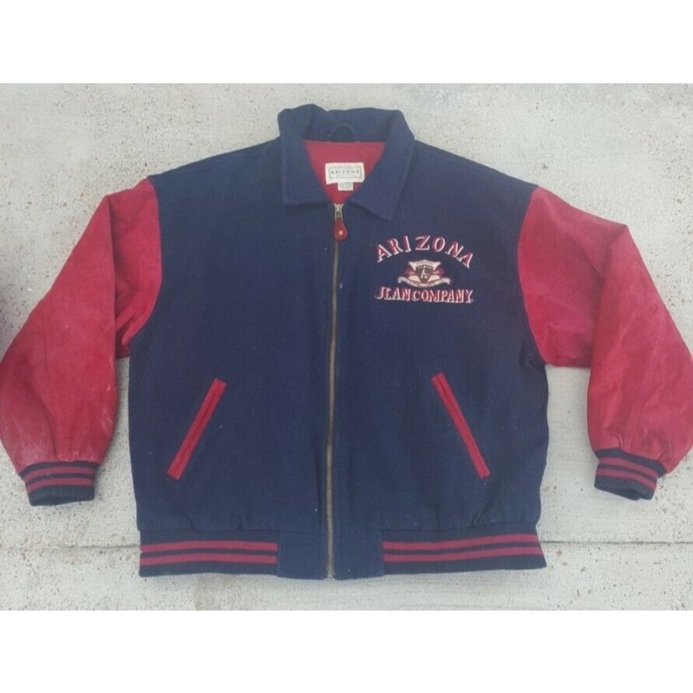 VTG 90s Arizona Jean Company Denim Varsity Winter Jacket Red Blue Mens Size XL